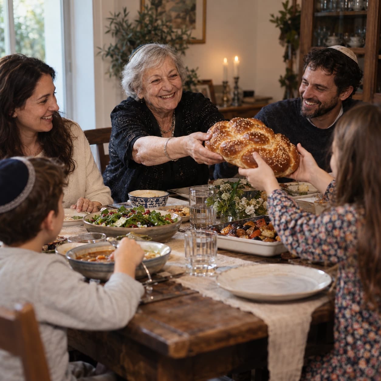 A multigenerational family sharing challah around the table